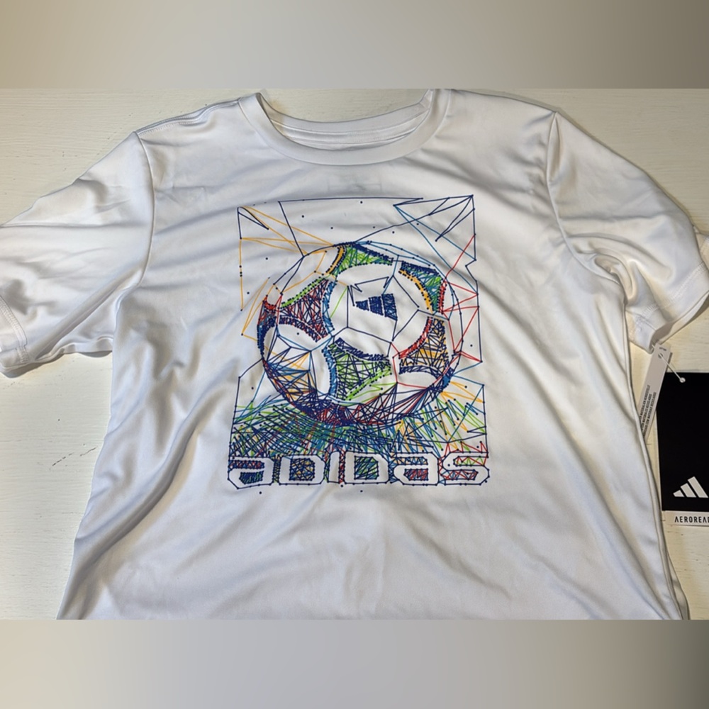 Adidas Boys’ Soccer Ball Aeroready White Tee with Colorful Lines